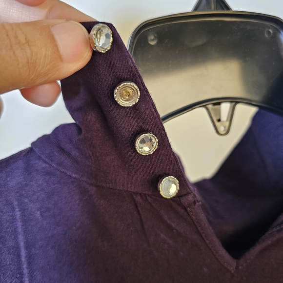 Purple stretch reverse knit rayon turtle neck short puff sleeve top size L US - Picture 6 of 6